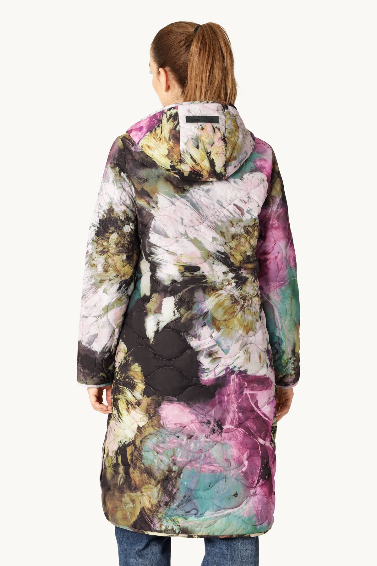 Lang Quiltet Frakke - Artistic Flower Print