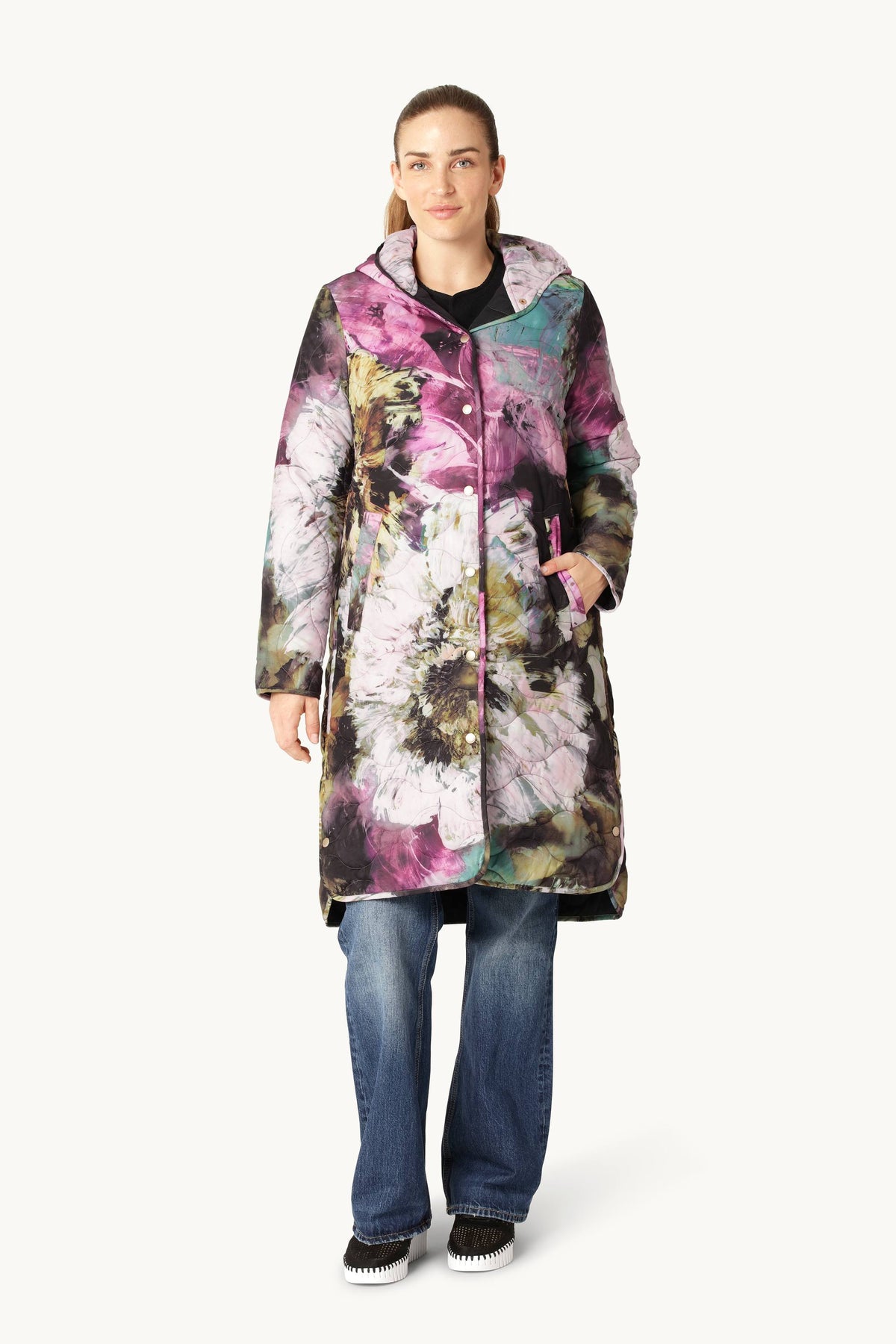 Lang Quiltet Frakke - Artistic Flower Print