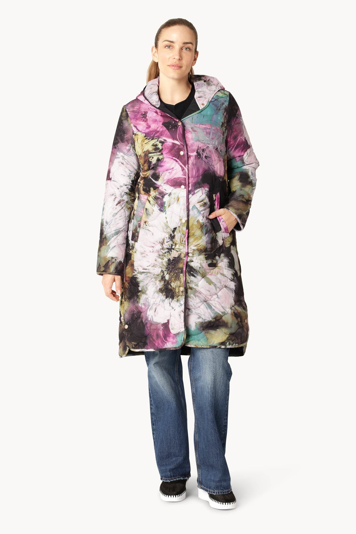 Lang Quiltet Frakke - Artistic Flower Print