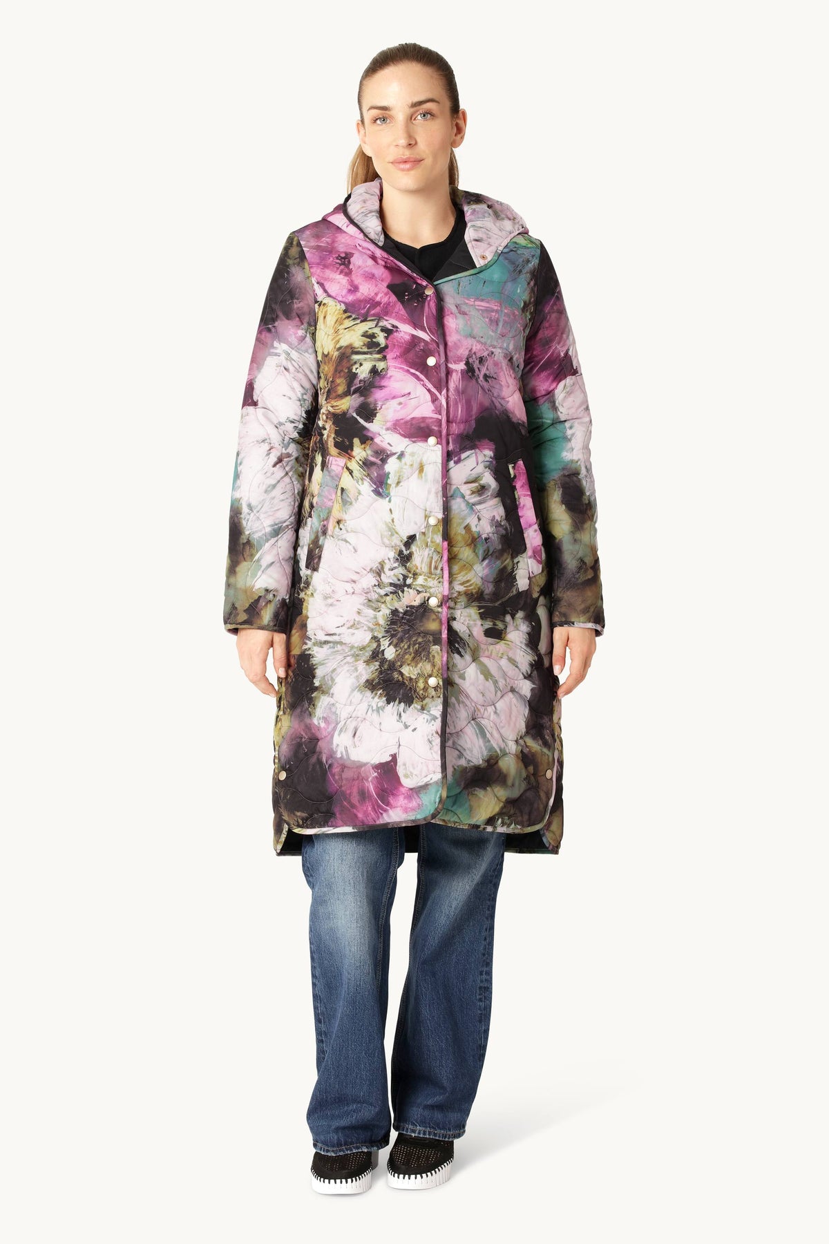 Lang Quiltet Frakke - Artistic Flower Print