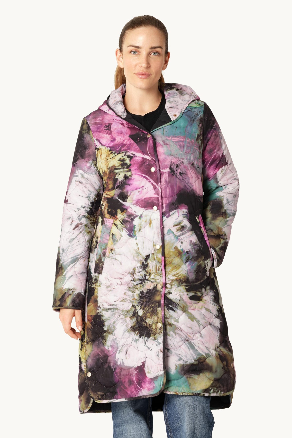 Lang Quiltet Frakke - Artistic Flower Print