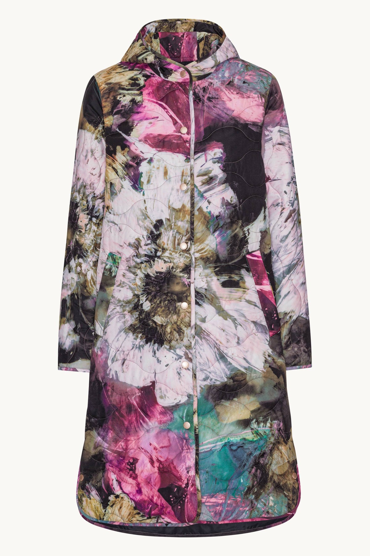 Lang Quiltet Frakke - Artistic Flower Print